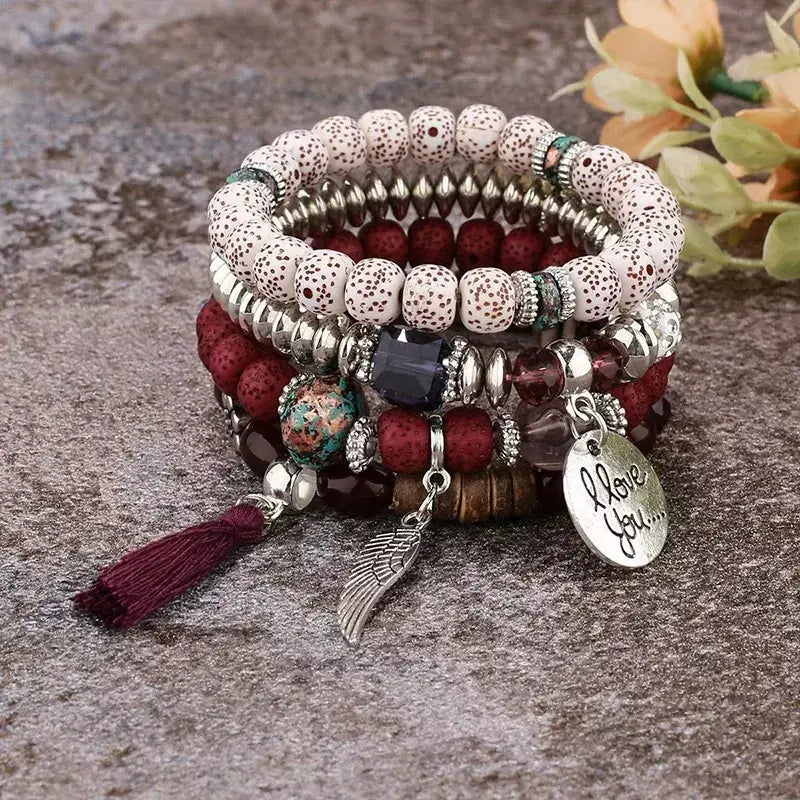 Pulseira Feminina Boêmia 4 peças,
pulseira feminina de miçanga,
Pulseira artesanal,
Pulseiras elásticas femininas elegantes,
Pulseira Boho