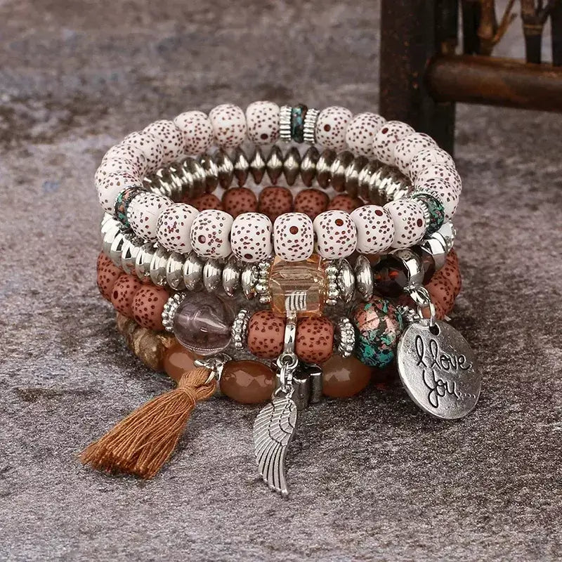 Pulseira Feminina Boêmia 4 peças,
pulseira feminina de miçanga,
Pulseira artesanal,
Pulseiras elásticas femininas elegantes,
Pulseira Boho