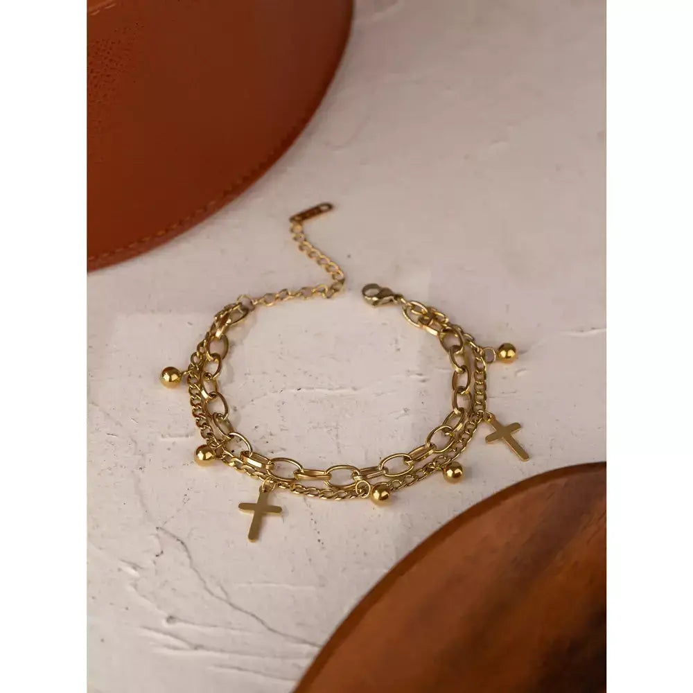 Pulseira Cruz Divina,
pulseira feminina religiosa,
pulseira católica,
Pulseira feminina banhada a ouro,
pulseira camadas