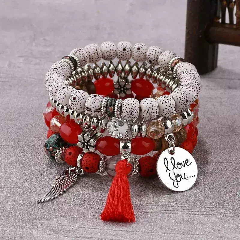 Pulseira Feminina Boêmia 4 peças,
pulseira feminina de miçanga,
Pulseira artesanal,
Pulseiras elásticas femininas elegantes,
Pulseira Boho