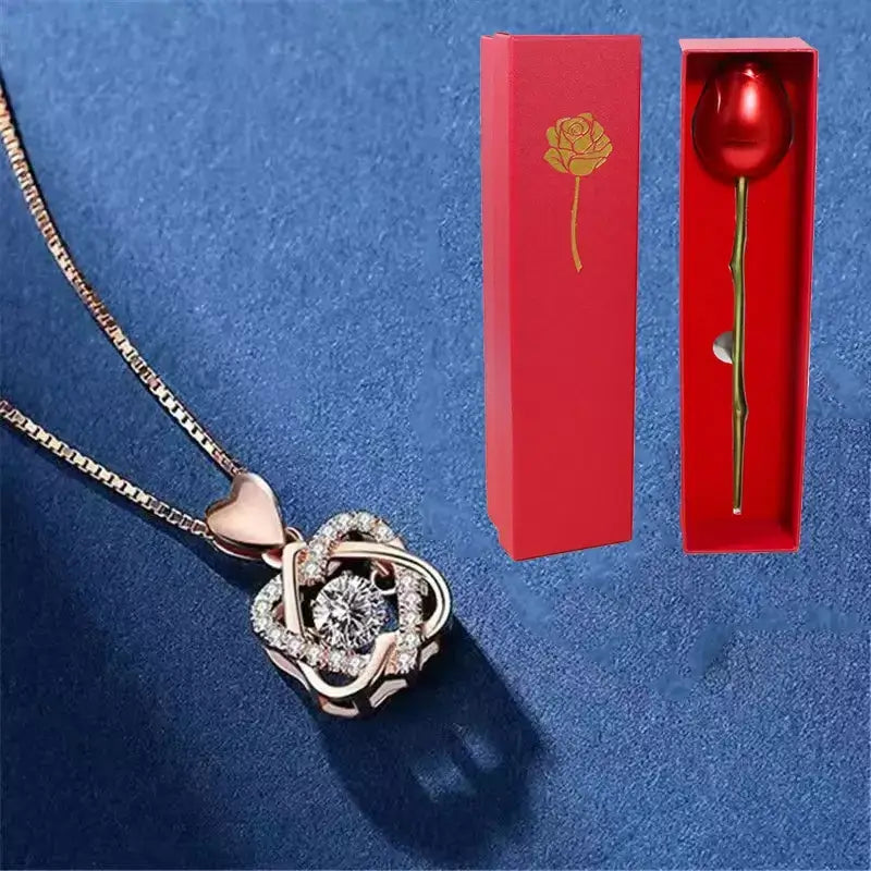 Colar Feminino Corações Entrelaçados + Rosa Surpresa,
presente romântico para namorada,
colar com caixa de rosa,
colar com flor,
joia romântica feminina,
presente dia dos namorados