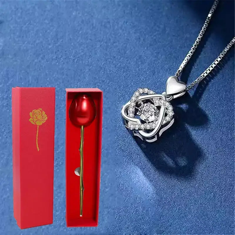 Colar Feminino Corações Entrelaçados + Rosa Surpresa,
presente romântico para namorada,
colar com caixa de rosa,
colar com flor,
joia romântica feminina,
presente dia dos namorados