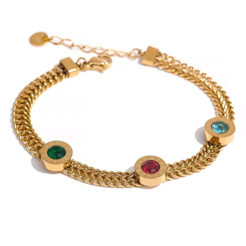 Pulseira Cubana com Zircônias Coloridas,
pulseira com zircônias coloridas,
pulseira banhada a ouro,
pulseira feminina moderna,
acessórios femininos tendência