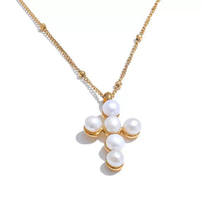 Colar Feminino Cruz de Pérola,
colar religioso moderno,
colar de luxo feminino,
colar cruz pérola,
Colar feminino elegante,
colar dourado