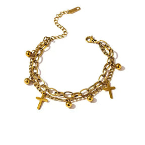 Pulseira Cruz Divina,
pulseira feminina religiosa,
pulseira católica,
Pulseira feminina banhada a ouro,
pulseira camadas