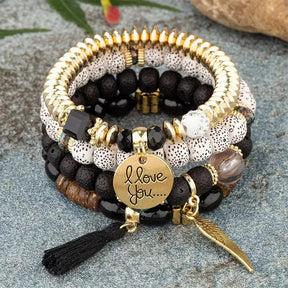 Pulseira Feminina Boêmia 4 peças,
pulseira feminina de miçanga,
Pulseira artesanal,
Pulseiras elásticas femininas elegantes,
Pulseira Boho