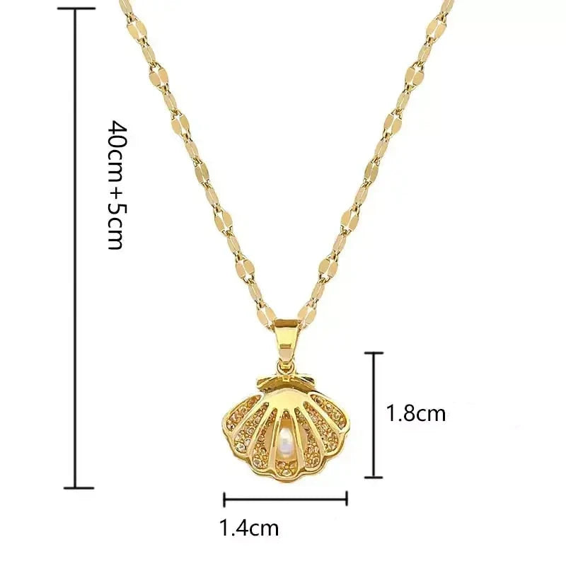 Colar Feminino Concha e Pérola de Zircônia,
Colar feminino elegante,
Colar de pérolas,
Colar estilo praia,
Acessório de aço inoxidável