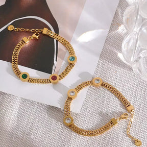 Pulseira Cubana com Zircônias Coloridas,
pulseira com zircônias coloridas,
pulseira banhada a ouro,
pulseira feminina moderna,
acessórios femininos tendência
