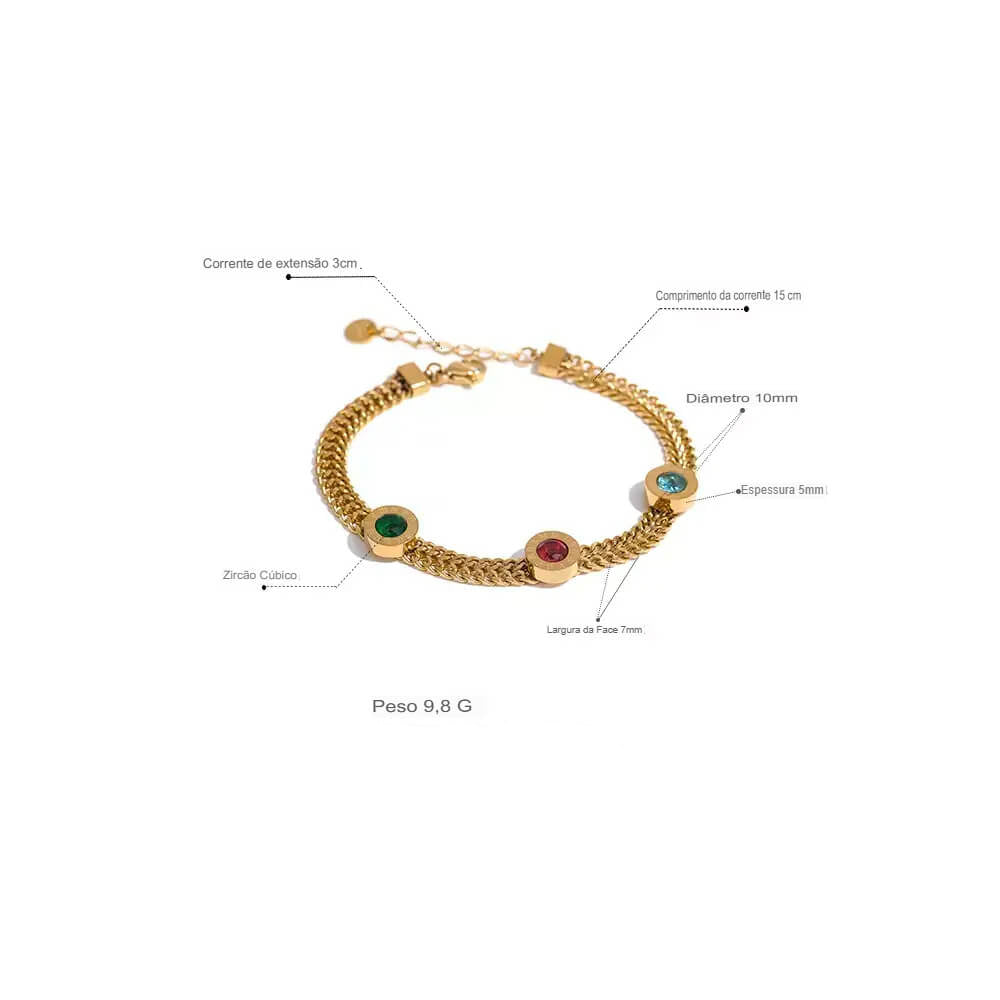 Pulseira Cubana com Zircônias Coloridas,
pulseira com zircônias coloridas,
pulseira banhada a ouro,
pulseira feminina moderna,
acessórios femininos tendência