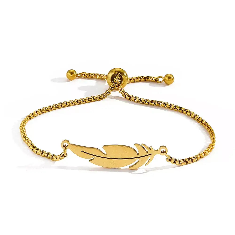 Pulseira Feminina Feather Elegance, pulseira feminina, pulseira aço inox, pulseira minimalista, pulseira com pingente, pulseira pena, acessórios femininos, presente para mulher, joias delicadas, pulseira ajustável, bijuteria fina, pulseira elegante, pulseira sofisticada, presente sofisticado, joias minimalistas, pulseira moderna