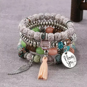 Pulseira Feminina Boêmia 4 peças,
pulseira feminina de miçanga,
Pulseira artesanal,
Pulseiras elásticas femininas elegantes,
Pulseira Boho
