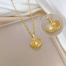 Colar Feminino Concha e Pérola de Zircônia,
Colar feminino elegante,
Colar de pérolas,
Colar estilo praia,
Acessório de aço inoxidável